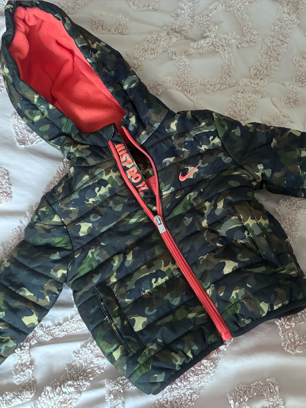 Nike Kids Camo Puffer Jacket with Red-Orange Lining